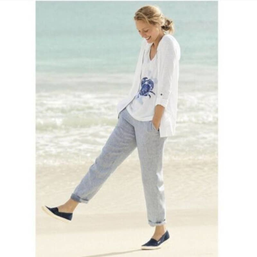 J. Jill Love Linen Striped Linen White & Green Drawstring Pants Medium Petite